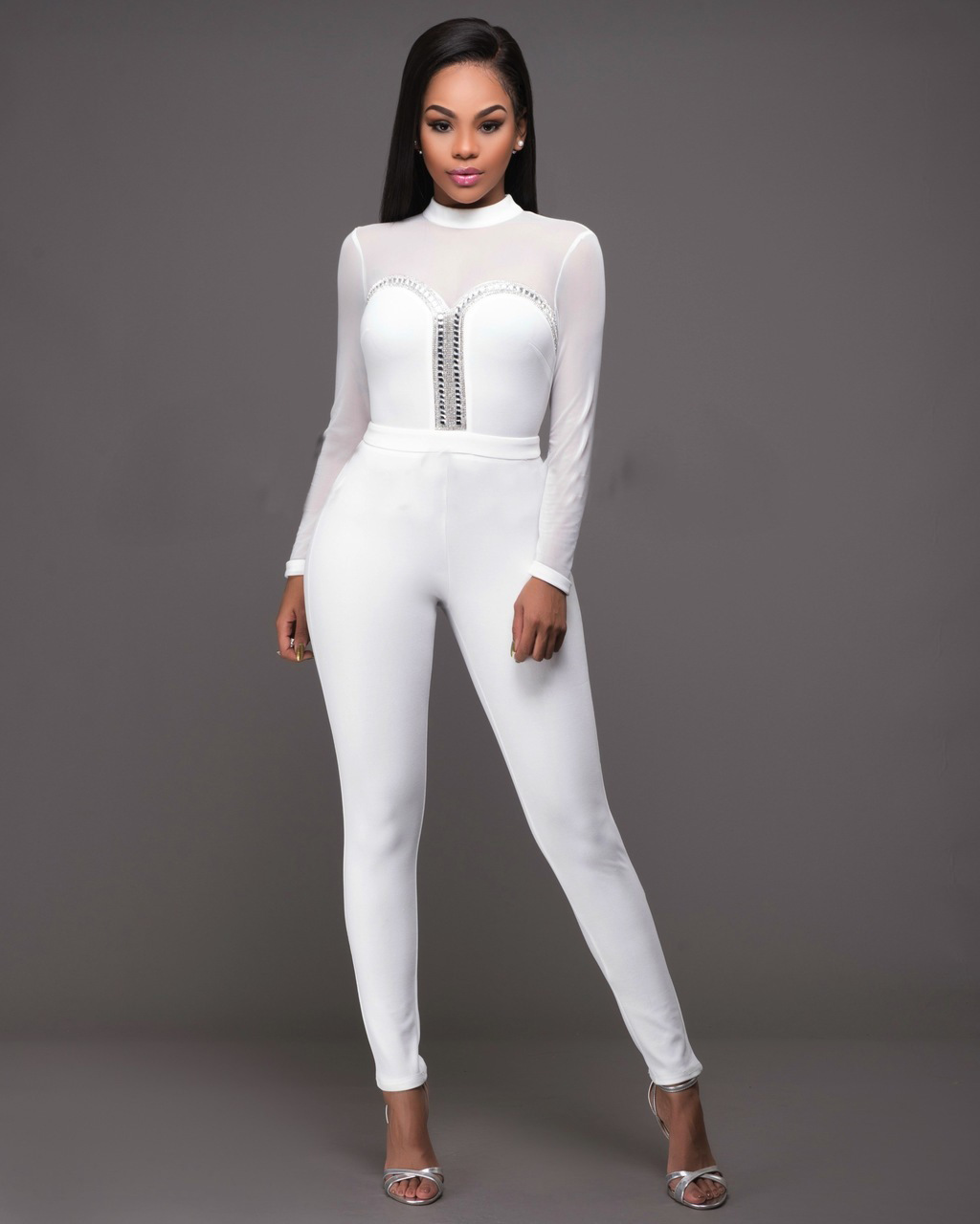 F2513-2  Sexy Crewneck Long Sleeve Mesh Bodycon Clubwear Party Jumpsuit Romper